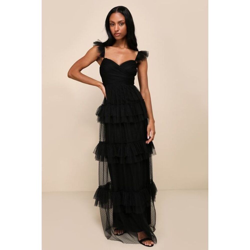 Lulus Pure Radiance Black Mesh Swiss Dot Tiered Maxi Dress - Size M